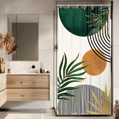 KOMLLEX Mid Century Green Boho Shower Curtain, Abstract Modern Shower Curtains for Bathroom, Plant Botanical Minimalist Leaf Arch Sun Fabric Liner Waterproof Polyester 12 Pack Hooks 60Wx72L Inches