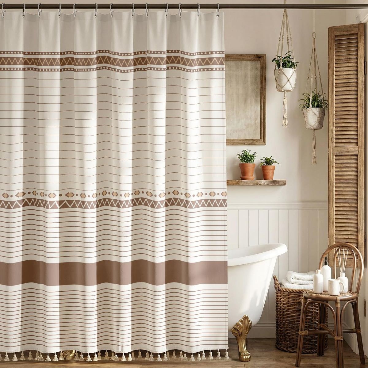 Boho Farmhouse Shower Curtain with 12 Clear Rings, Rustic Fabric Faux Linen Shower Curtain Set with Tassels, Beige & Sega Green Striped Shower Curtain for Bathroom 72" W x 84" L