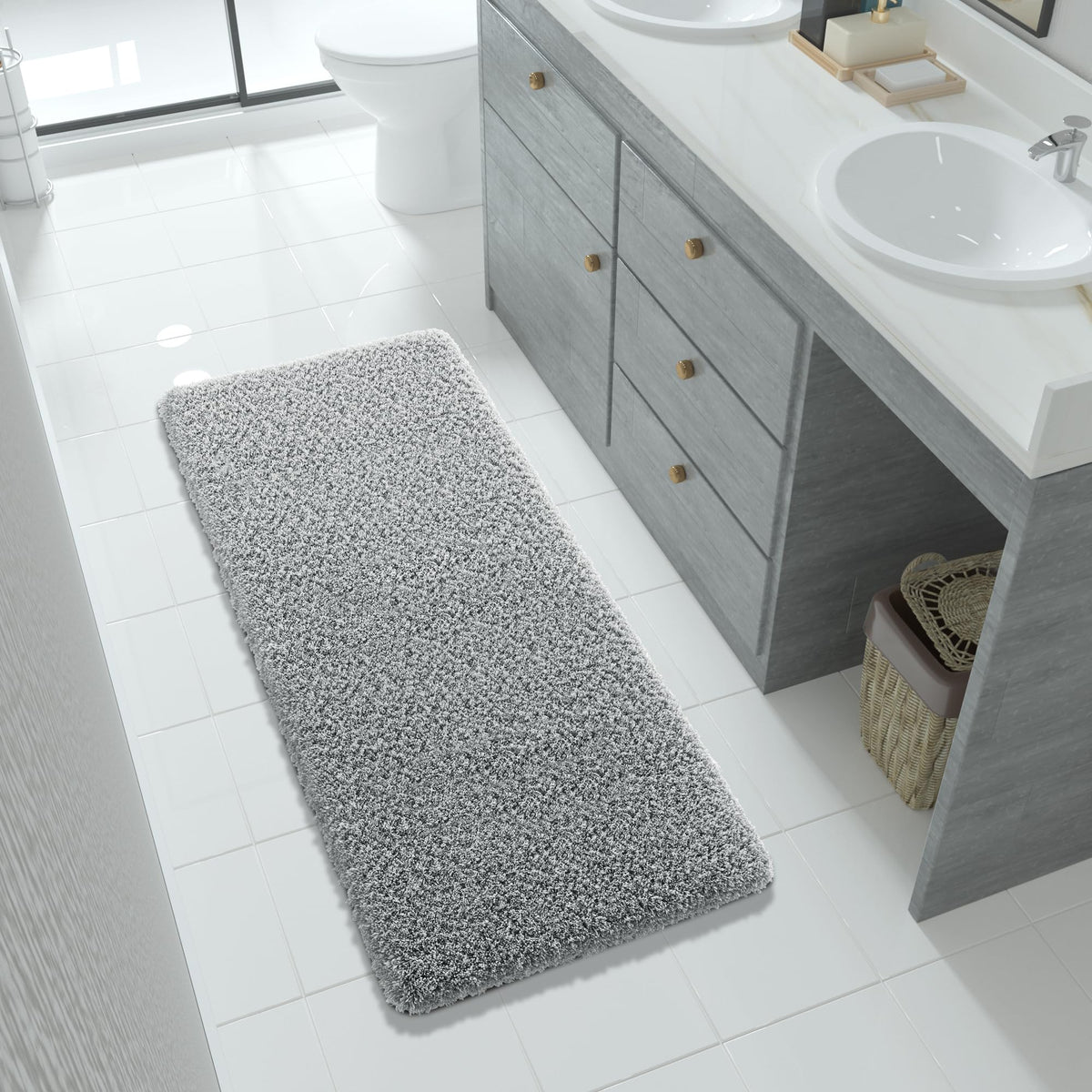 Yimobra Bathroom Rugs Non Slip Washable, Ultra Soft and Water Absorbent Bath Mats, Fluffy Shower Mat Outside, Plush Matts for Bathroom Floor/Sink, 24X17, Home Decor Accessories, Light Gray and White