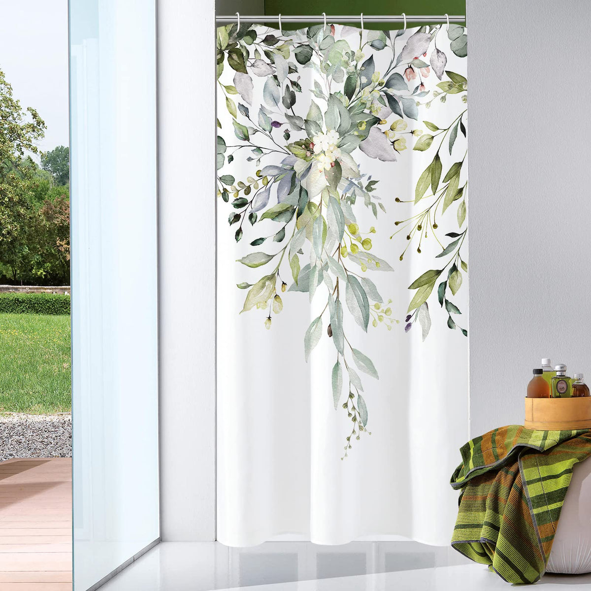 Gibelle Grey Eucalyptus Shower Curtain, Watercolor Floral Print, 72x72