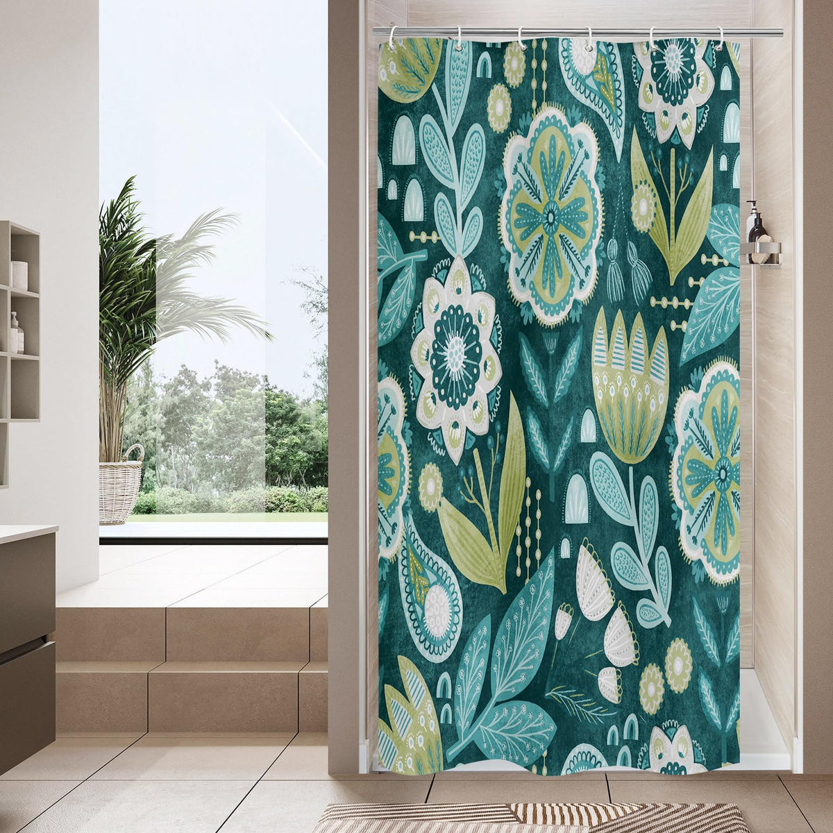 Boho Floral Shower Curtain, Vintage Botanical Fabric Curtain, 72 x 72