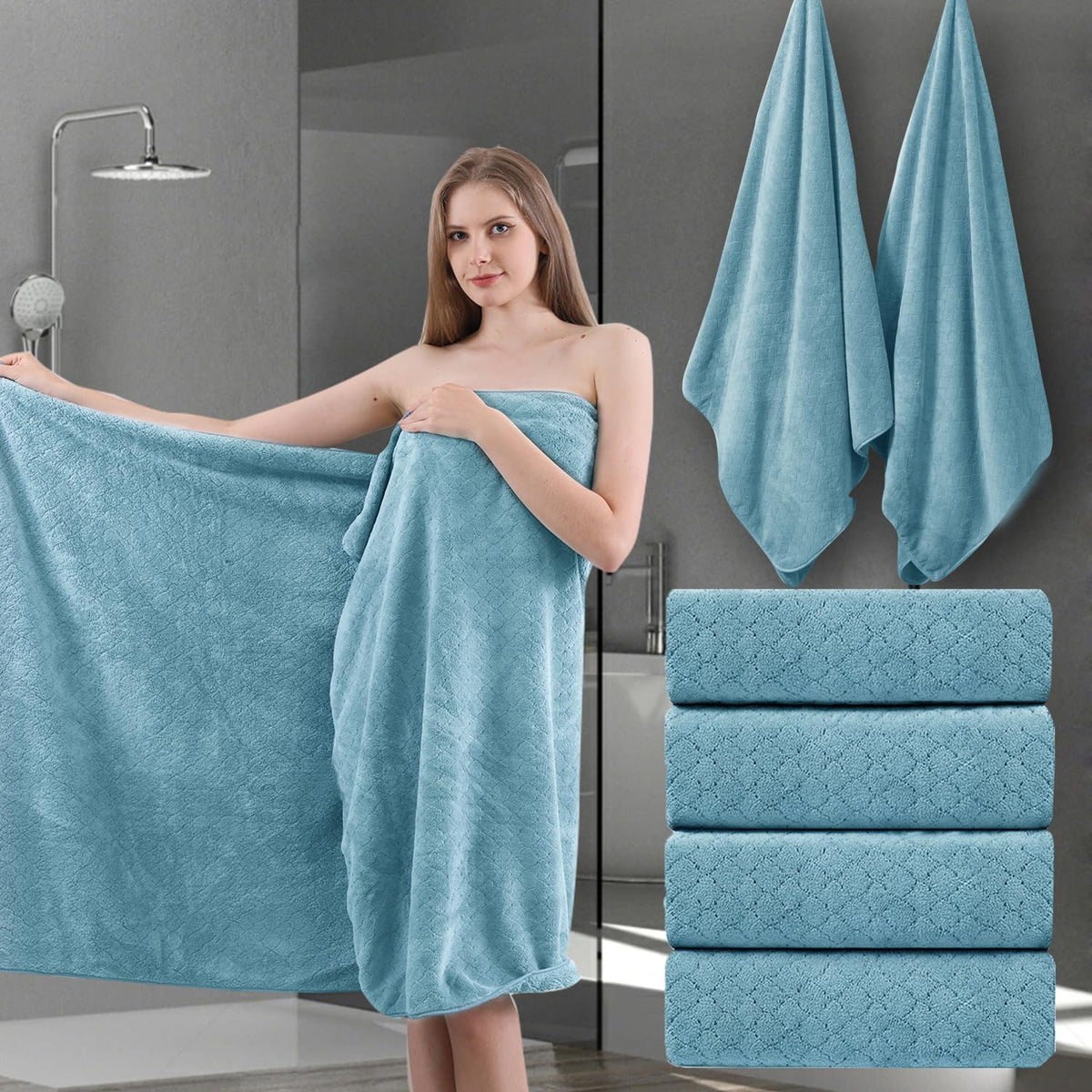 Ycosy 8-Piece Bath Towels Set,2 Oversized Bath Sheet,2 Hand Towels and 4 Washcloths - 600 GSM Soft Microfiber Highly Absorbent Quick Dry Shower Towel Collection for Bathroom Hotel and Spa,Mint Green