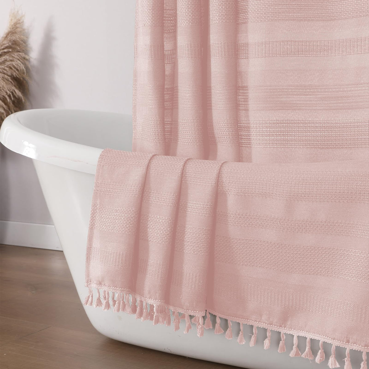 OVZME Natural Linen Shower Curtain for Bathroom, Boho Farmhouse Rustic Striped Shower Curtain with Tassel, Textured Heavy Duty Vintage Country Bathroom Curtain, 72Wx72L Inches
