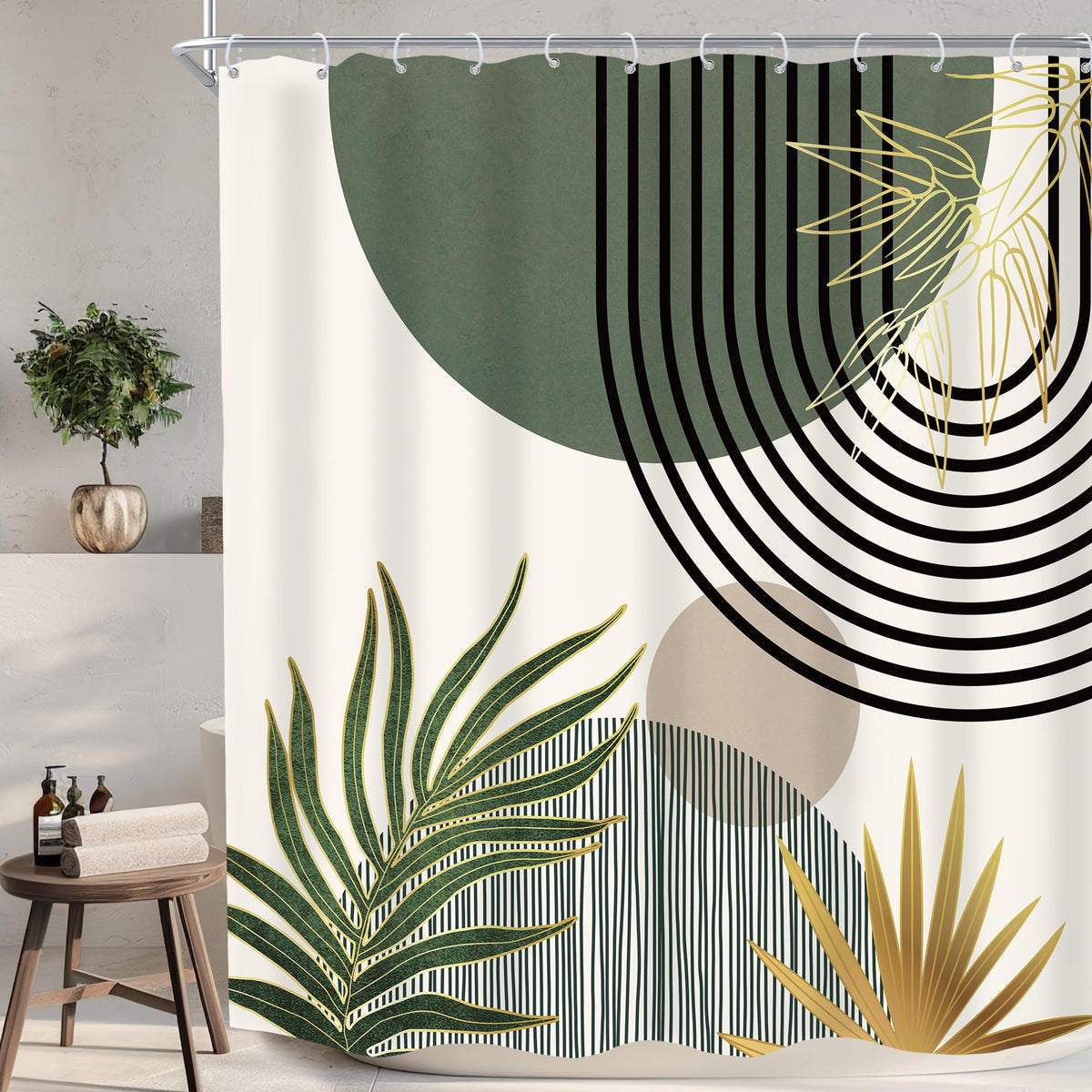 KOMLLEX Mid Century Green Boho Shower Curtain, Abstract Modern Shower Curtains for Bathroom, Plant Botanical Minimalist Leaf Arch Sun Fabric Liner Waterproof Polyester 12 Pack Hooks 60Wx72L Inches