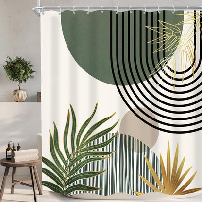KOMLLEX Mid Century Green Boho Shower Curtain, Abstract Modern Shower Curtains for Bathroom, Plant Botanical Minimalist Leaf Arch Sun Fabric Liner Waterproof Polyester 12 Pack Hooks 60Wx72L Inches