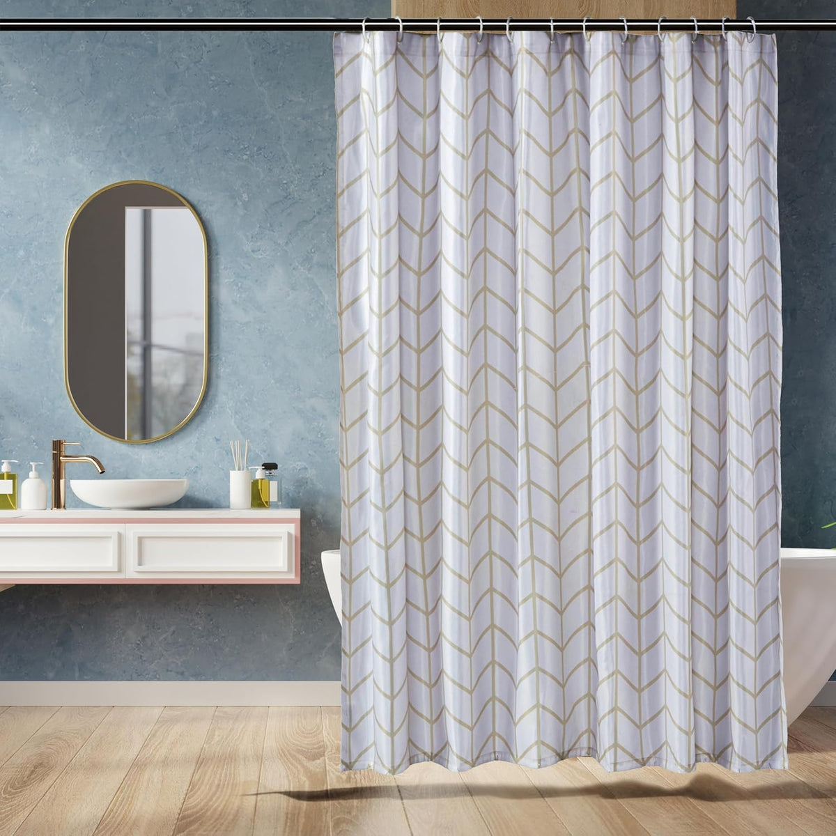 Amazon Basics Bathroom Shower Curtain, Water Resistant Fabric with Weighted Hem, Rust Resistant Grommets & Hooks, Machine Washable, 72"x72", Natural Herringbone
