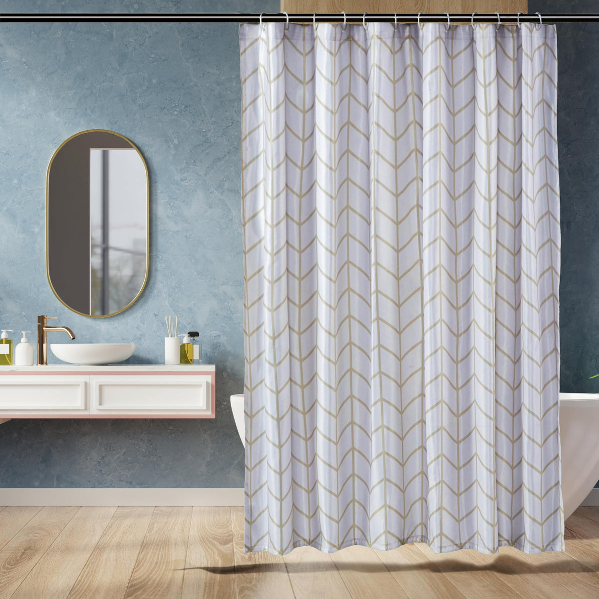 Amazon Basics Bathroom Shower Curtain, Water Resistant Fabric with Weighted Hem, Rust Resistant Grommets & Hooks, Machine Washable, 72"x72", Natural Herringbone
