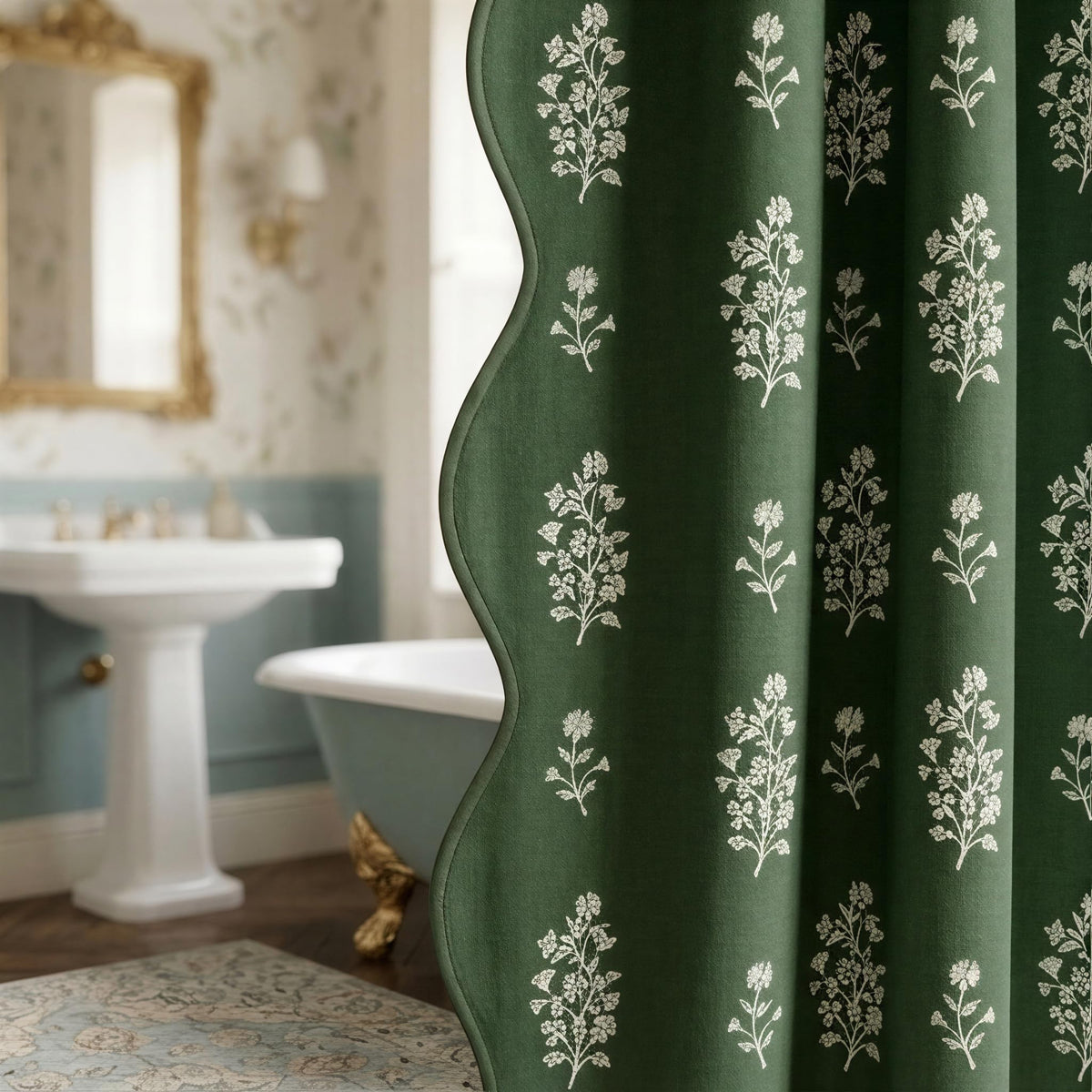 Boomkin Block Print Scalloped Shower Curtain Set with 12 Hooks