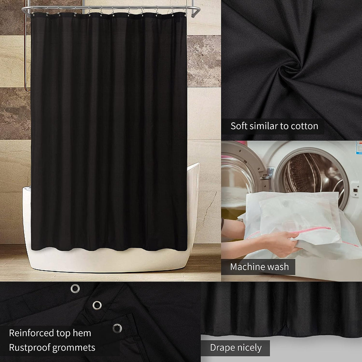 ALYVIA SPRING Waterproof Fabric Shower Curtain or Liner Black, 72x72