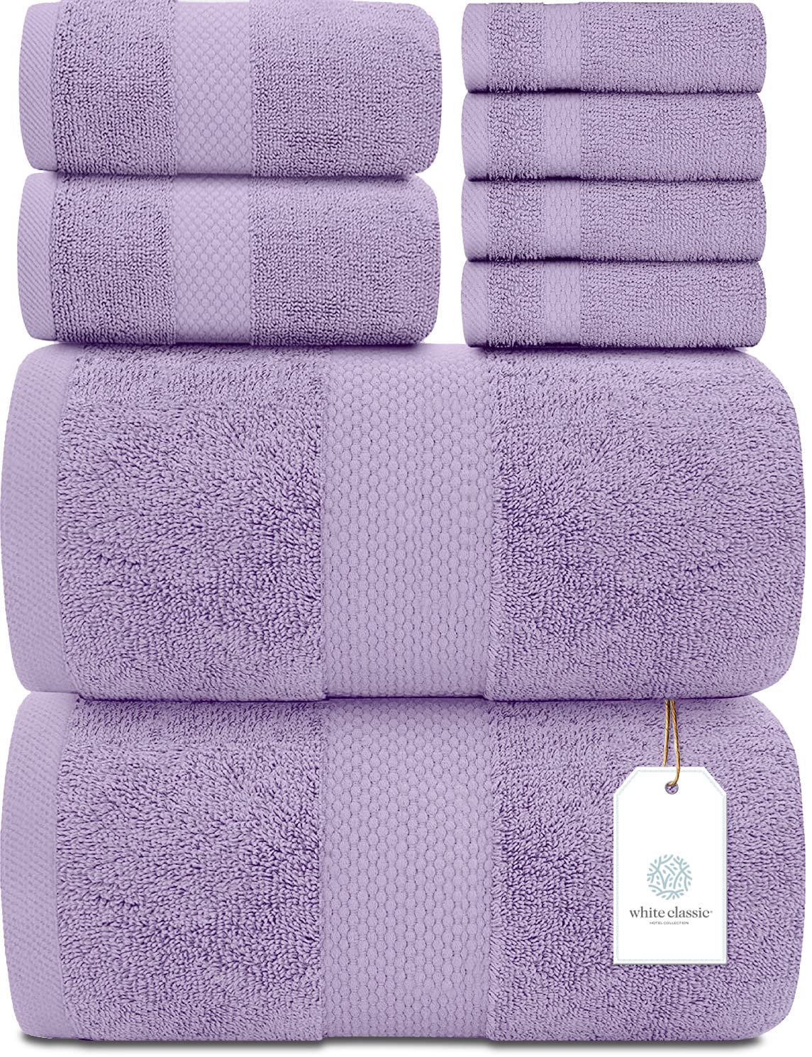 White Classic Luxury White Bath Towel Set of 8 - Soft 100% Turkish Cotton