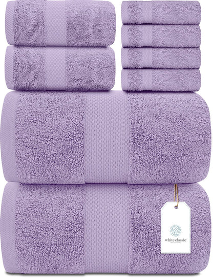 White Classic Luxury White Bath Towel Set of 8 - Soft 100% Turkish Cotton