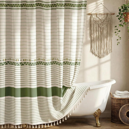 Boho Farmhouse Shower Curtain with 12 Clear Rings, Rustic Fabric Faux Linen Shower Curtain Set with Tassels, Beige & Sega Green Striped Shower Curtain for Bathroom 72" W x 84" L
