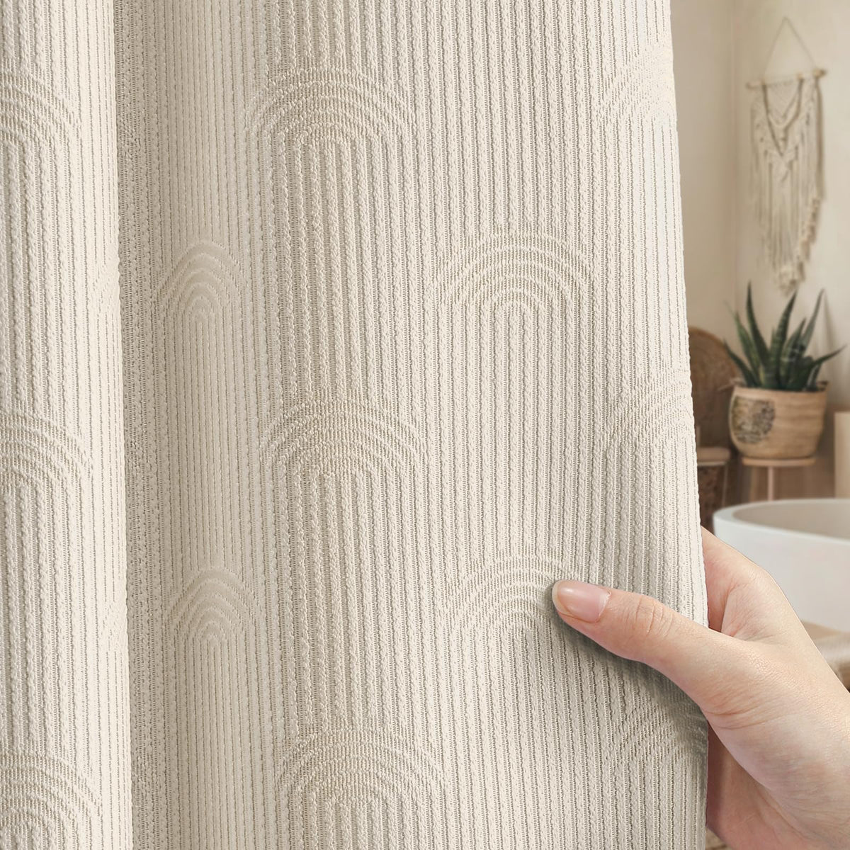 Beige Boho Cotton Shower Curtain Arch,72" W x 72" L