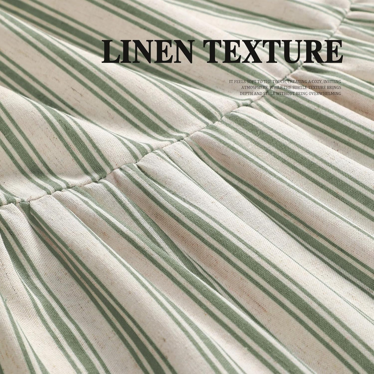 Farmhouse Shower Curtain Ruffle Linen Cream-Green Stripe 72"W x 72"L