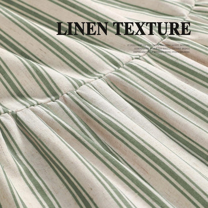 Farmhouse Shower Curtain Ruffle Linen Cream-Green Stripe 72"W x 72"L