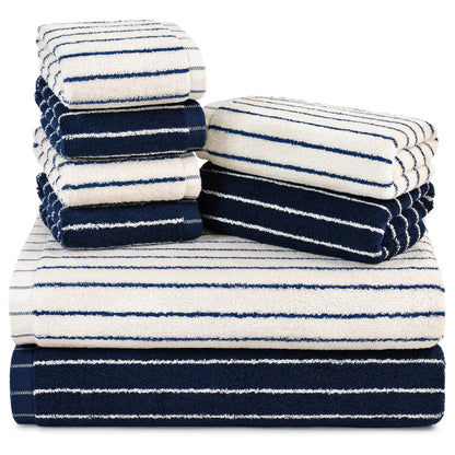 8 Piece Black and Ivory Towel Set, Super Soft & Absorbent Cotton Striped