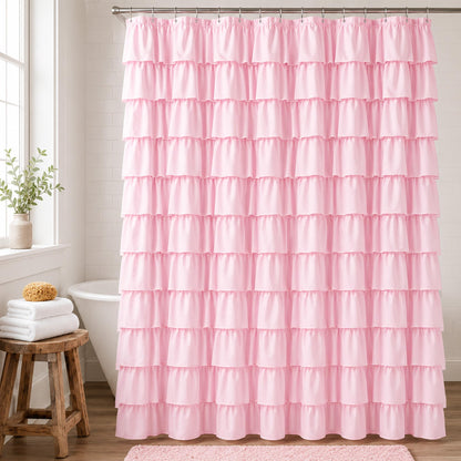 White Ruffle Shower Curtain for Bathroom,72 x 72 Inches, Farmhouse Style