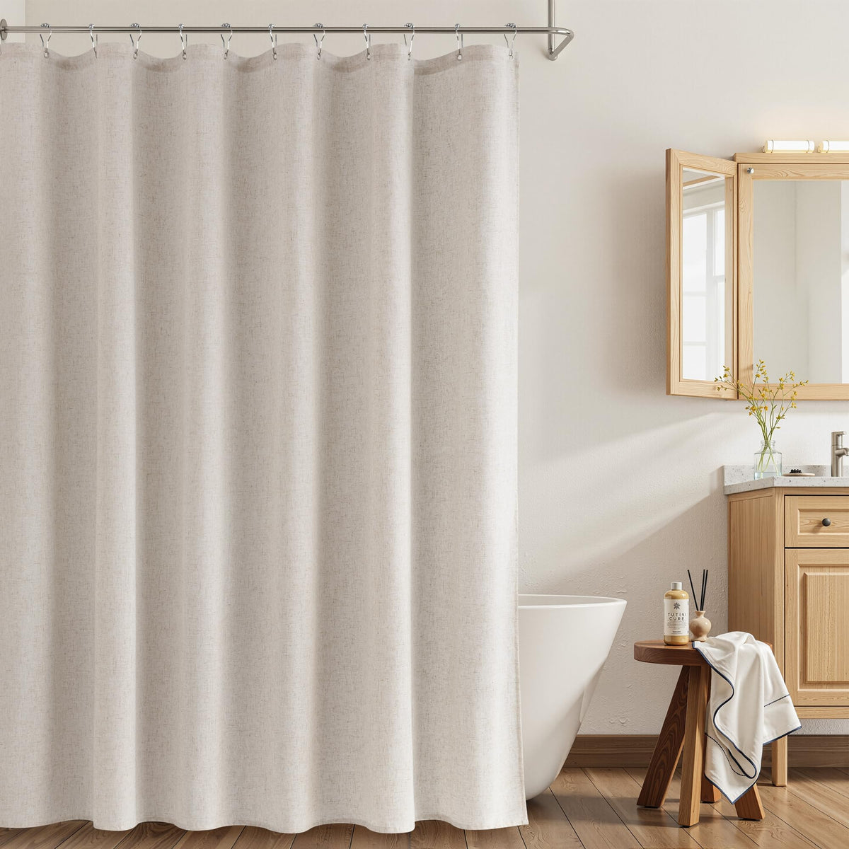 Naturoom Linen Shower Curtain 72 Inch Long for Bathroom Beige 1 Panel