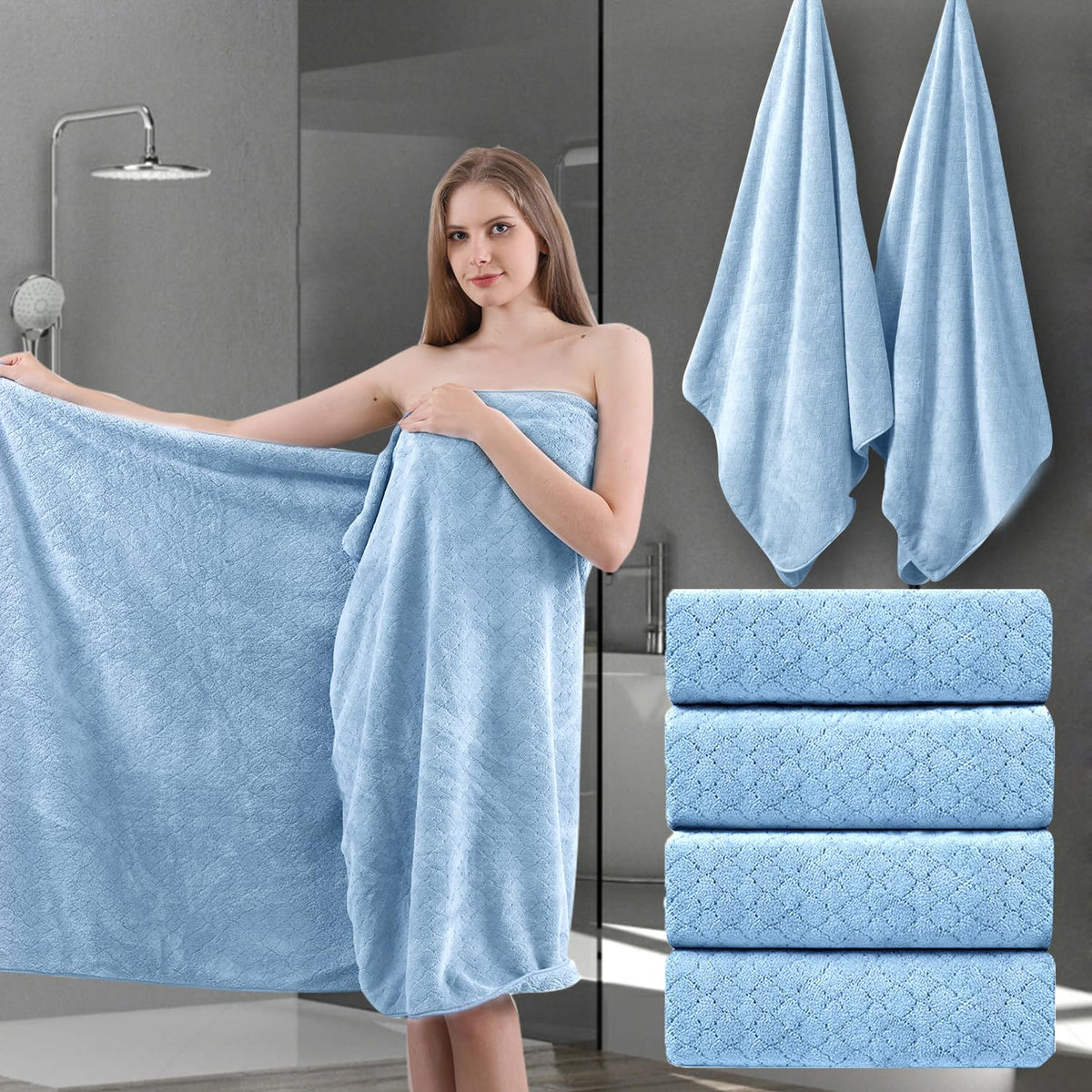 Ycosy 8-Piece Bath Towels Set,2 Oversized Bath Sheet,2 Hand Towels and 4 Washcloths - 600 GSM Soft Microfiber Highly Absorbent Quick Dry Shower Towel Collection for Bathroom Hotel and Spa,Mint Green