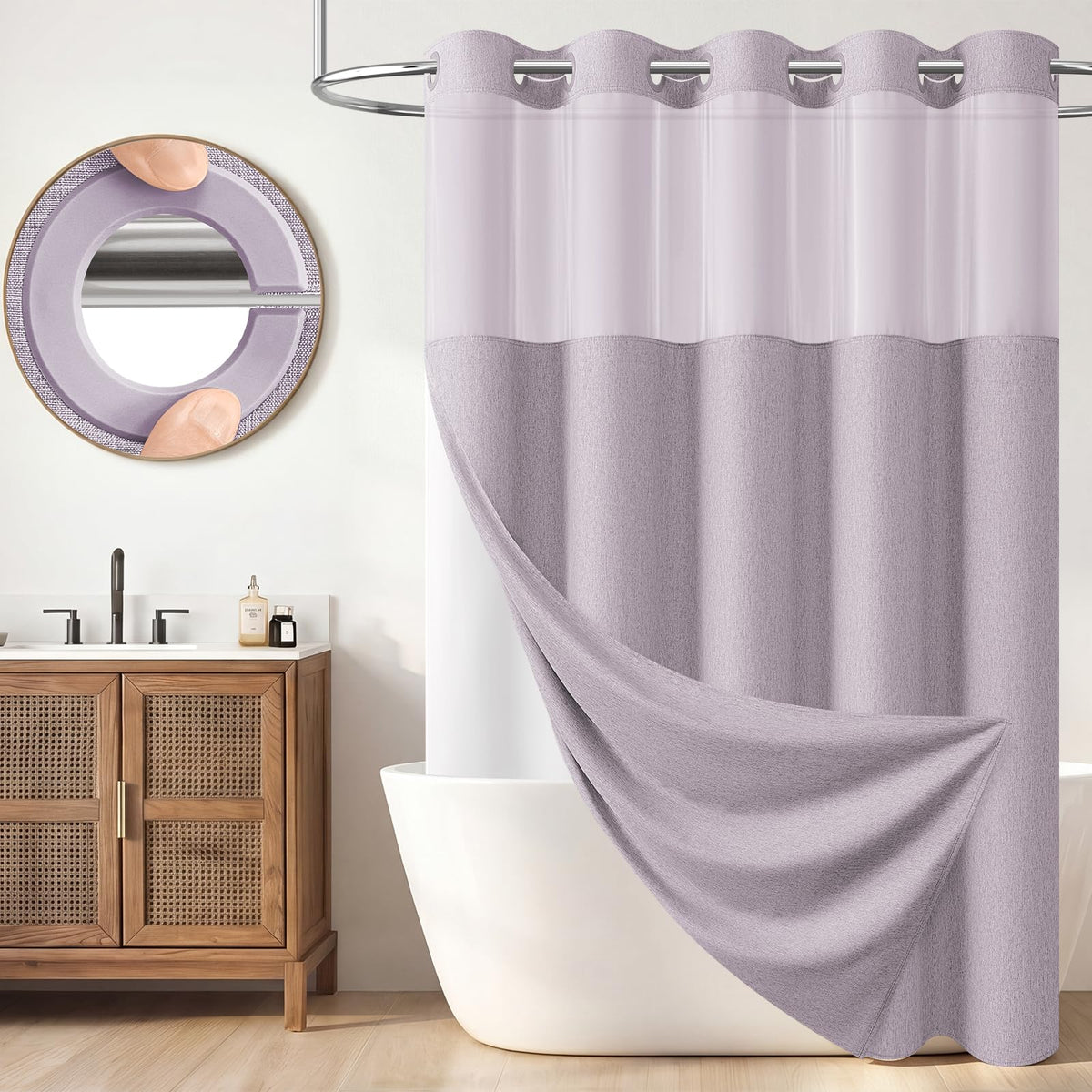 BTTN Cream Ringless Linen Textured Shower Curtain with Snap in Liner, 72x75