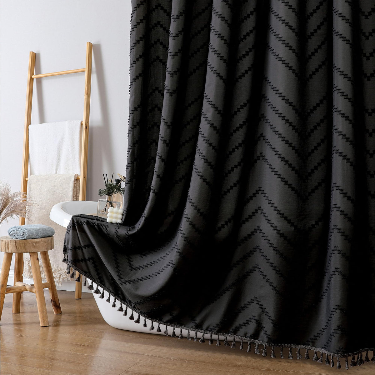 OWENIE Boho Shower Curtain, White Fabric Cloth Shower Curtains Farmhouse Tufted Chevron Striped Textured with Tassel for Bathroom, Soft Hotel Style Modern Minimalist, Machine Washable, 72x72, White