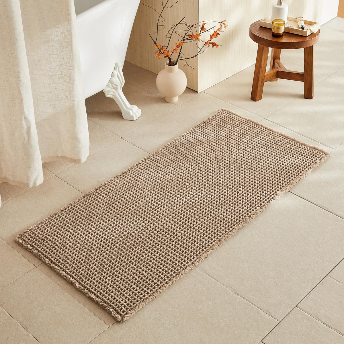 TYUU Waffle Bath Mat, Boho Bathroom Rugs Non Slip Washable, 30x20 Khaki