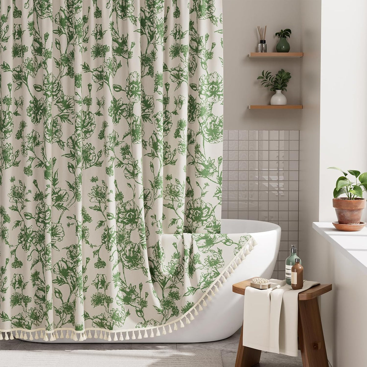AmazerBath Boho Shower Curtain, Modern Farmhouse Shower Curtain Set with Tassels, Rustic Faux Linen Green Striped Shower Curtain with Hooks, Light Tan Toned, 72x72 Inches