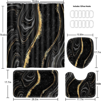 Nkzply 4 Pcs Black Marble Shower Curtain Sets with Rugs Gold Bathroom Set