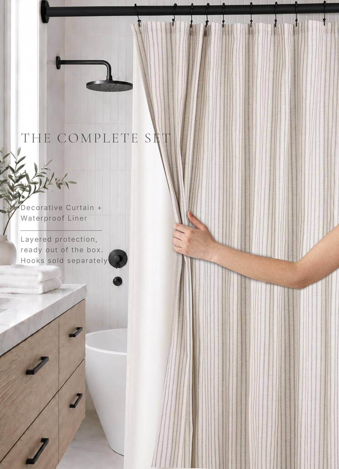 Farmhouse Striped Shower Curtain Set, Linen Blend Fabric with Detachable Polyester Liner, Breathable & Machine Washable, Rustic Sage for Bathroom Decor Standard 72" W x 72" L - Hooks Not Included
