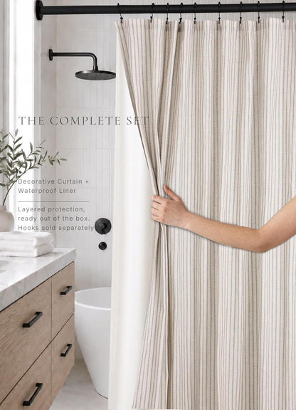 Farmhouse Striped Shower Curtain Set, Linen Blend Fabric with Detachable Polyester Liner, Breathable & Machine Washable, Rustic Sage for Bathroom Decor Standard 72" W x 72" L - Hooks Not Included
