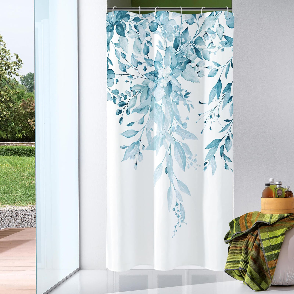 Gibelle Grey Eucalyptus Shower Curtain, Watercolor Floral Print, 72x72