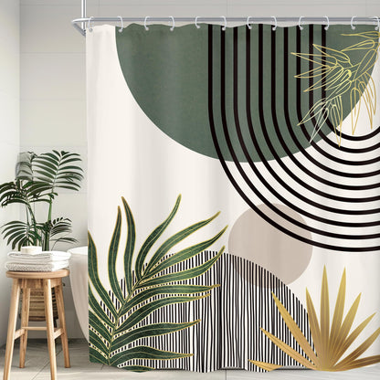 KOMLLEX Mid Century Green Boho Shower Curtain, Abstract Modern Shower Curtains for Bathroom, Plant Botanical Minimalist Leaf Arch Sun Fabric Liner Waterproof Polyester 12 Pack Hooks 60Wx72L Inches