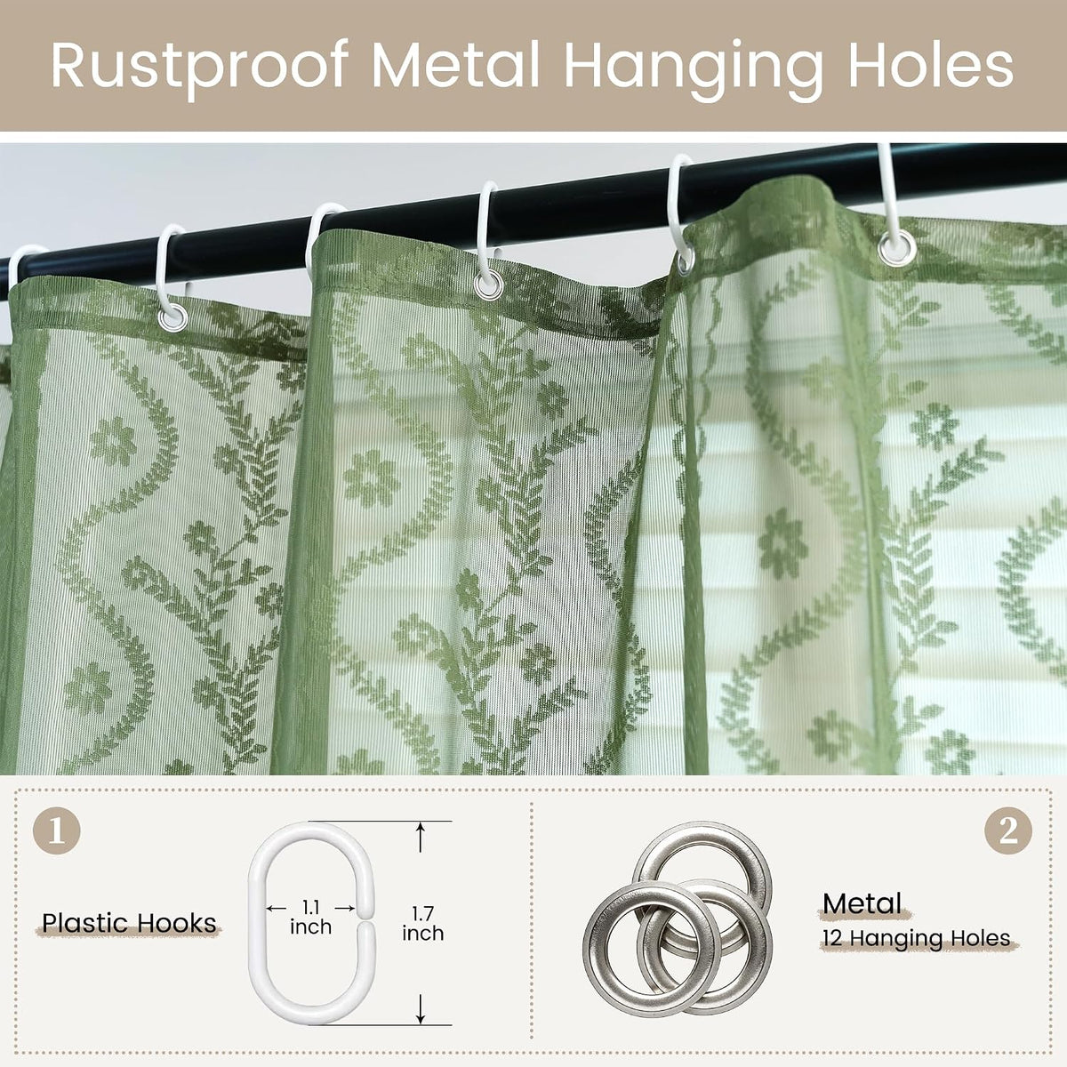 WAZZIO Dark Sage Green Lace Shower Curtain for Bathroom 72" W x 72" L, Victorian Farmhouse Floral Pattern Tassel Fancy Shower Curtain Boho Washable Cloth Decorative Bath Curtains,1 Panel