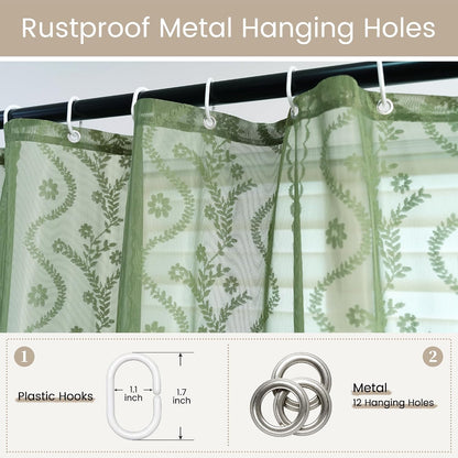 WAZZIO Dark Sage Green Lace Shower Curtain for Bathroom 72" W x 72" L, Victorian Farmhouse Floral Pattern Tassel Fancy Shower Curtain Boho Washable Cloth Decorative Bath Curtains,1 Panel