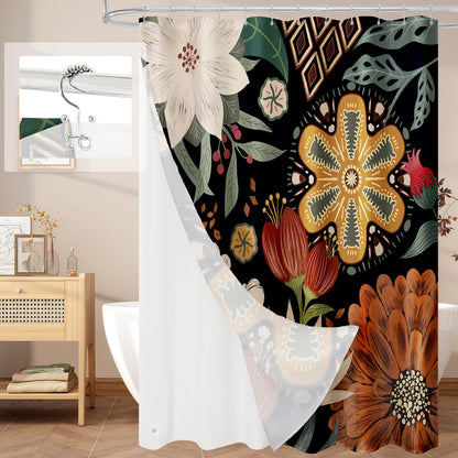 Boho Floral Shower Curtain, Vintage Botanical Fabric Curtain, 72 x 72