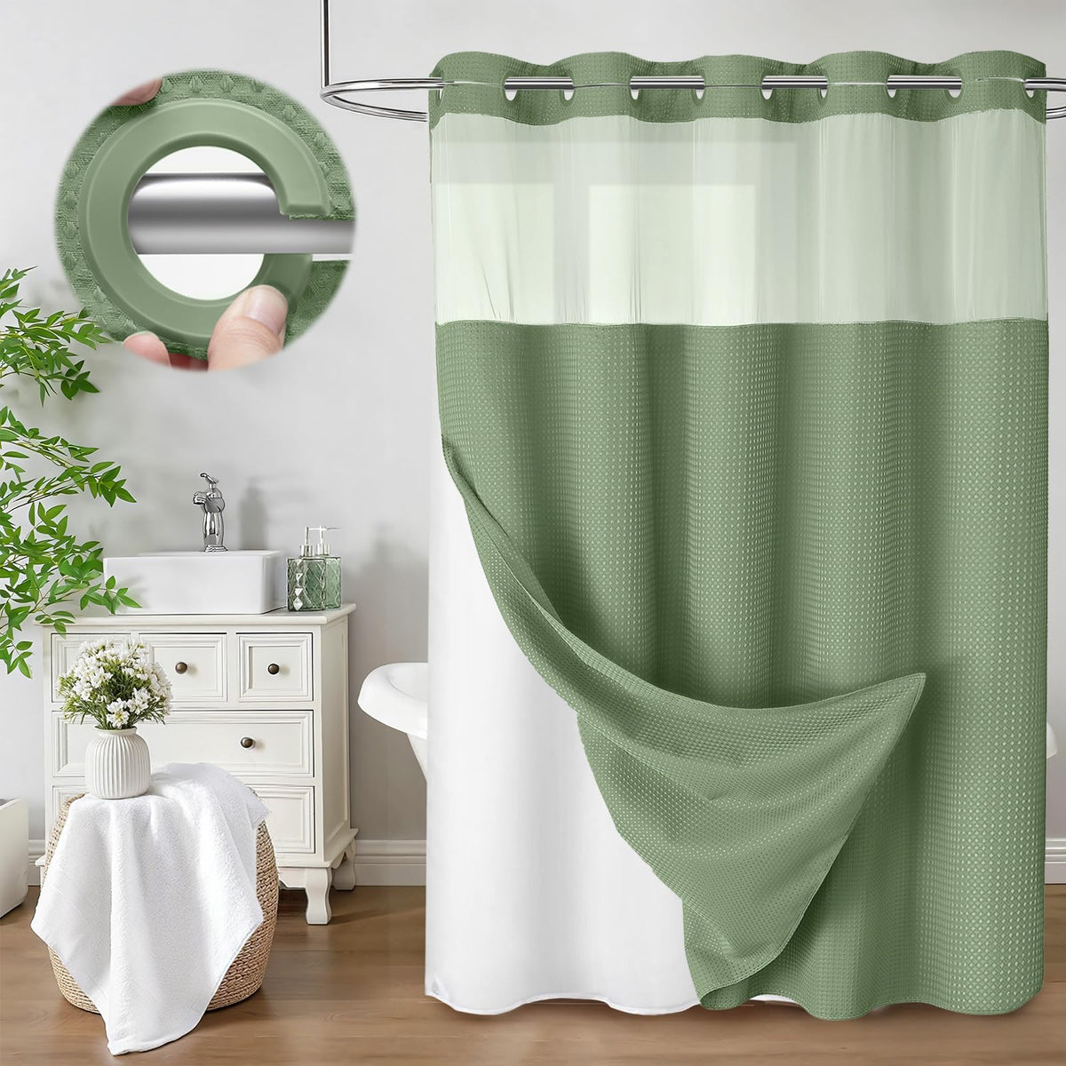No Hook Shower Curtain with Liner Set Hotel Waffle Curtain Black 72W X 75L