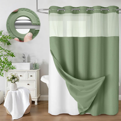No Hook Shower Curtain with Liner Set Hotel Waffle Curtain Black 72W X 75L