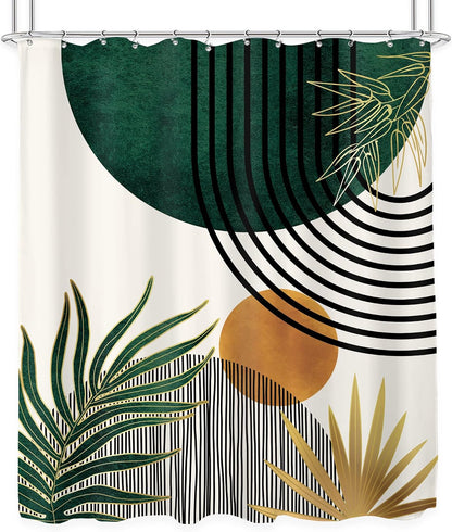 KOMLLEX Mid Century Green Boho Shower Curtain, Abstract Modern Shower Curtains for Bathroom, Plant Botanical Minimalist Leaf Arch Sun Fabric Liner Waterproof Polyester 12 Pack Hooks 60Wx72L Inches