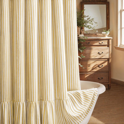Farmhouse Shower Curtain Ruffle Linen Cream-Green Stripe 72"W x 72"L