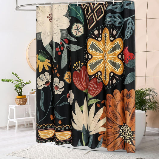 Boho Floral Shower Curtain, Vintage Botanical Fabric Curtain, 72 x 72