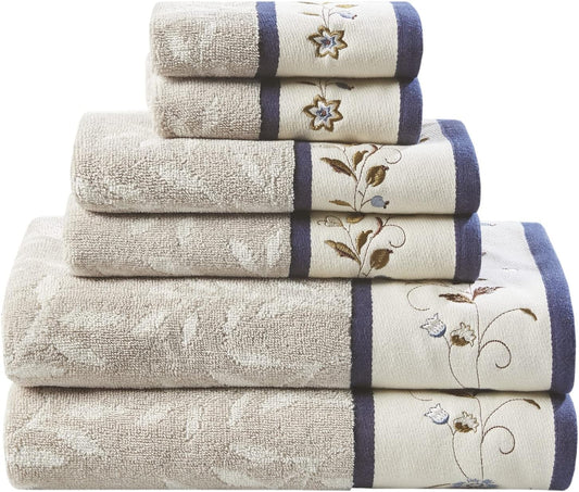 Madison Park Serene 100% Cotton Bath Towel Set Luxurious Floral Decorative Towels for Bathroom Embroidered Cotton Jacquard Design Soft Highly Absorbent for Shower 600 GSM, Multi-Sizes, Navy 6 Piece