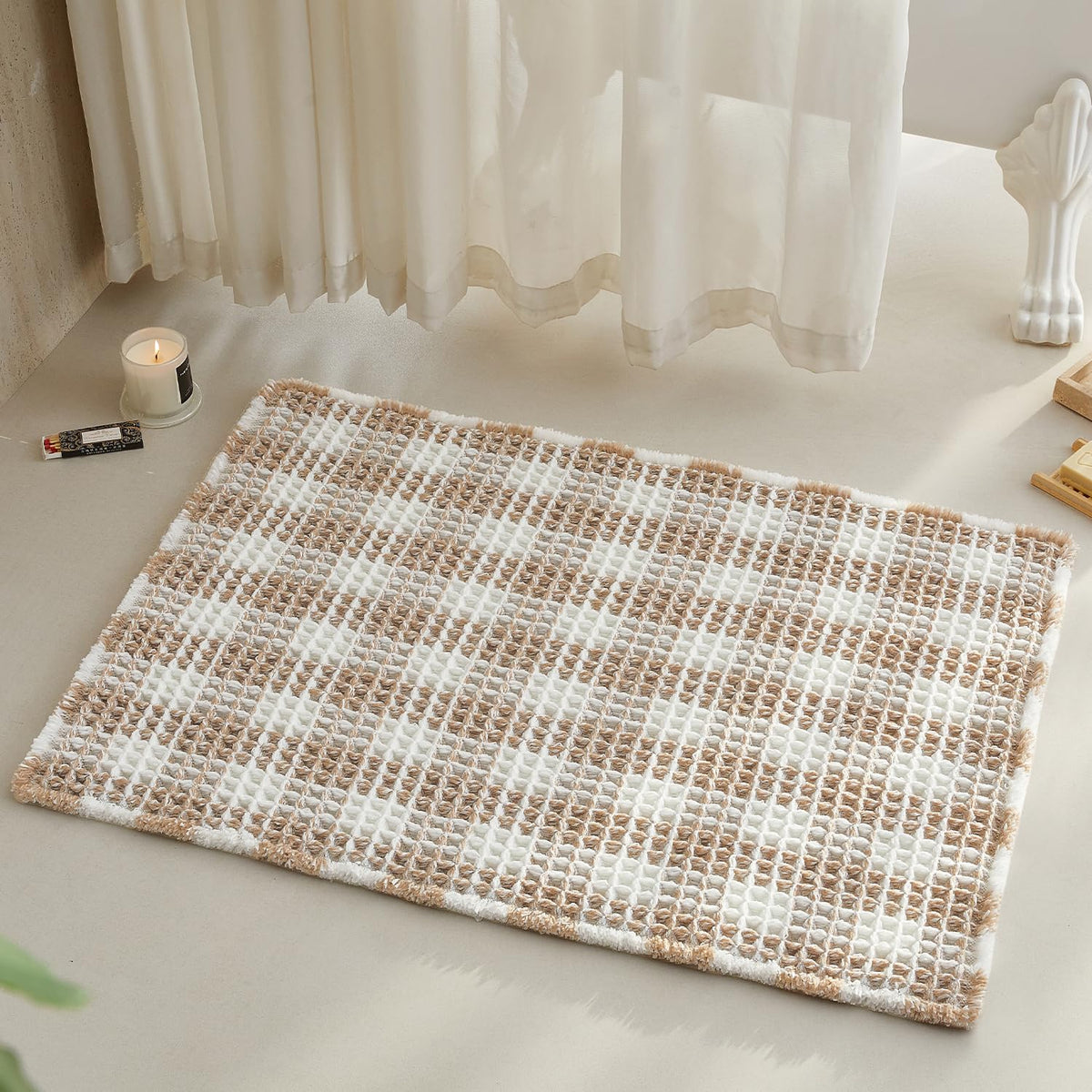 TYUU Waffle Bath Mat, Boho Bathroom Rugs Non Slip Washable, 30x20 Khaki
