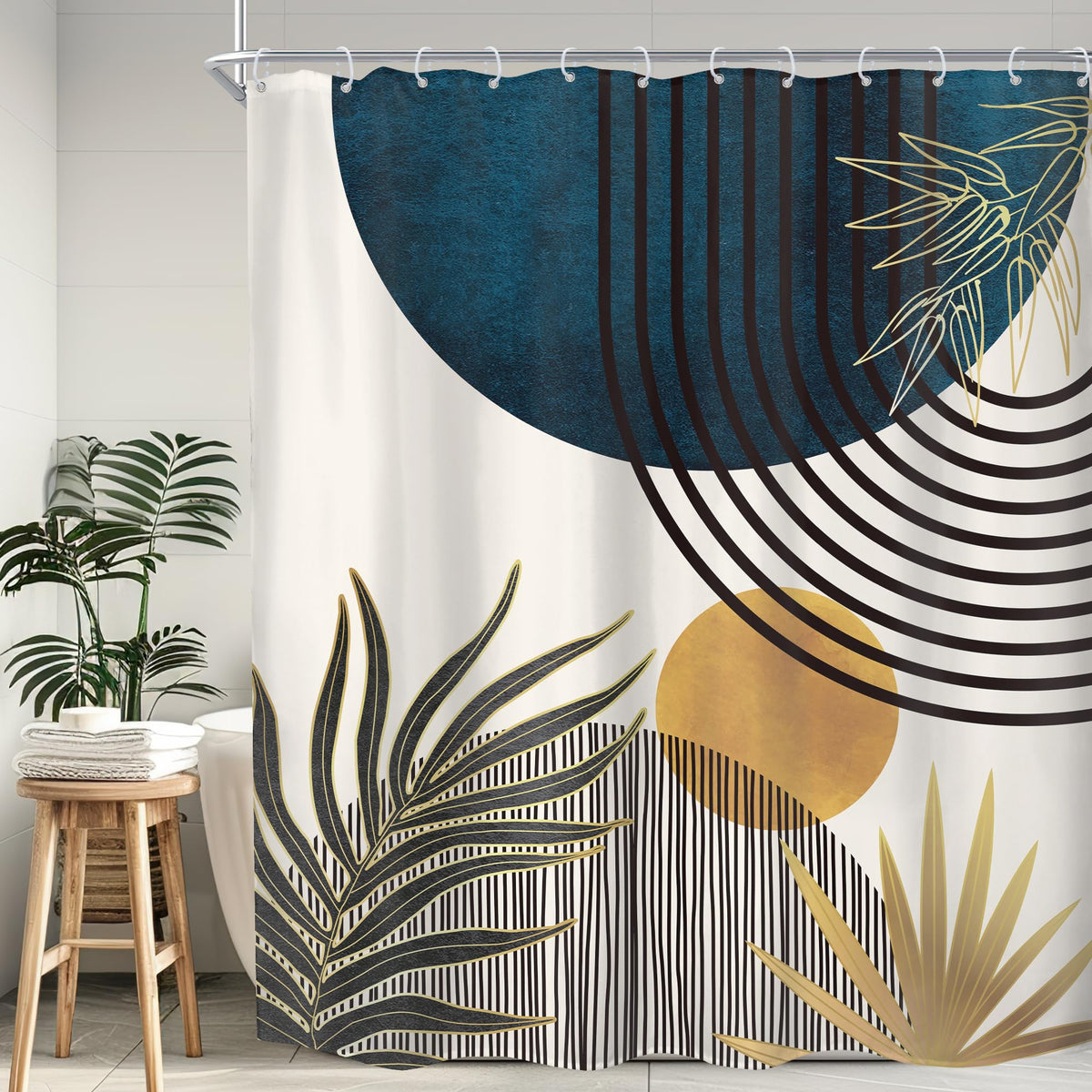 KOMLLEX Mid Century Green Boho Shower Curtain, Abstract Modern Shower Curtains for Bathroom, Plant Botanical Minimalist Leaf Arch Sun Fabric Liner Waterproof Polyester 12 Pack Hooks 60Wx72L Inches