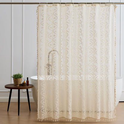 WAZZIO Dark Sage Green Lace Shower Curtain for Bathroom 72" W x 72" L, Victorian Farmhouse Floral Pattern Tassel Fancy Shower Curtain Boho Washable Cloth Decorative Bath Curtains,1 Panel