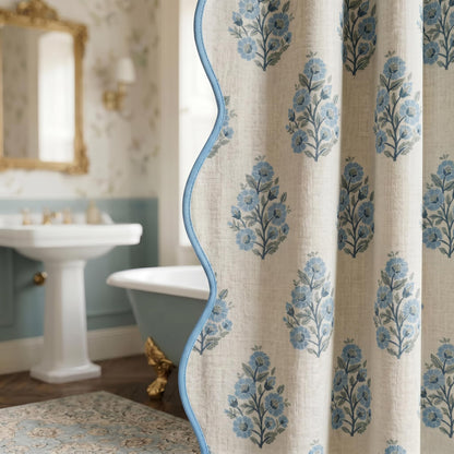 Boomkin Block Print Scalloped Shower Curtain Set with 12 Hooks