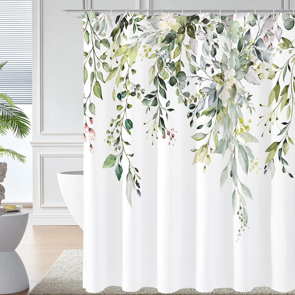 Gibelle Grey Eucalyptus Shower Curtain, Watercolor Floral Print, 72x72