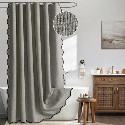 MIULEE Beige Scalloped Shower Curtain Linen Textured with 12 Metal Hooks Cute Heavy Duty Washable Waterproof Neutral Thick Cloth Shower Curtains with Black Border for Bathroom Bathtub,W72*L72 Cream