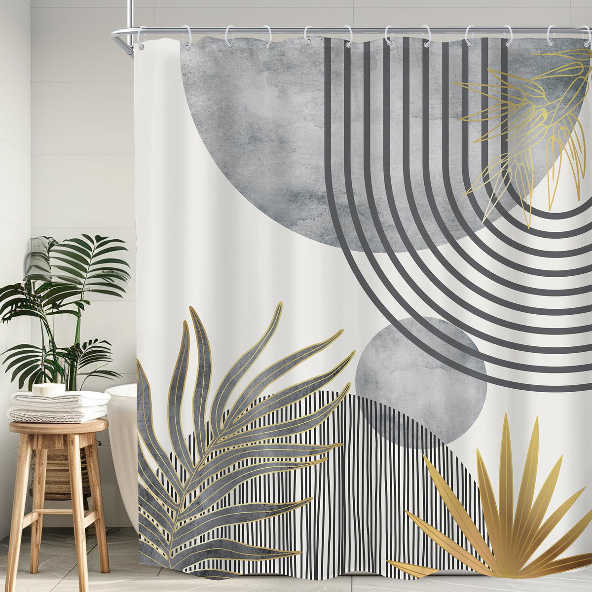 KOMLLEX Mid Century Green Boho Shower Curtain, Abstract Modern Shower Curtains for Bathroom, Plant Botanical Minimalist Leaf Arch Sun Fabric Liner Waterproof Polyester 12 Pack Hooks 60Wx72L Inches