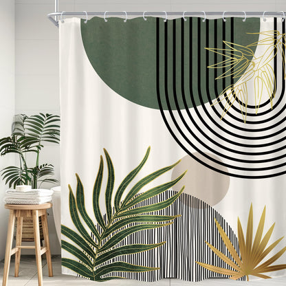 KOMLLEX Mid Century Green Boho Shower Curtain, Abstract Modern Shower Curtains for Bathroom, Plant Botanical Minimalist Leaf Arch Sun Fabric Liner Waterproof Polyester 12 Pack Hooks 60Wx72L Inches