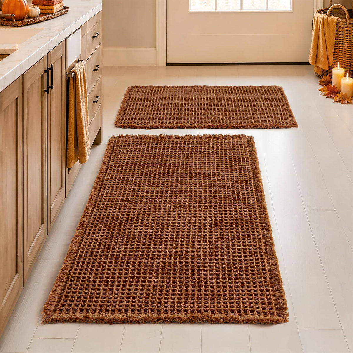 MIULEE Set of 2 Waffle Bathroom Rugs Boho Bath Mat Brown 18x30 Inch